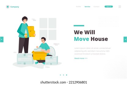 Family moving house relocation preparation illustration on web banner design