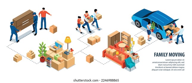 Family moving infographics with packed belongings movers carrying furniture people loading boxes into car 3d isometric vector illustration