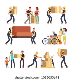 Family Moving Into New House. Man, Woman And Employees Carrying Boxes And Heavy Furniture Vector Characters Set. Illustration Of People With Bag And Box