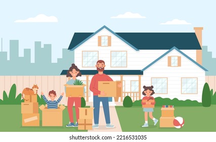 Family moving into new house. Parents and daughter carrying cardboard boxes with household stuff, son sitting in carton outdoor. Mother, father and children relocating vector illustration