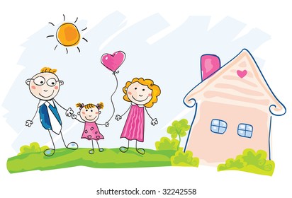 Family is moving into new house. Doodle vector Illustration. See similar pictures in my portfolio!