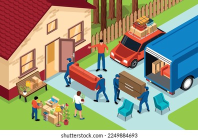 Family moving isometric composition with movers unloading van and carrying furniture into new house 3d vector illustration