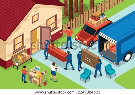 Family moving isometric composition with movers unloading van and carrying furniture into new house 3d vector illustration