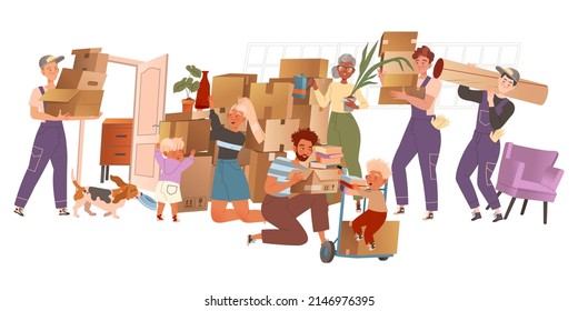 Family moving to new apartment. Family members and movers carrying cardboard boxes with household stuff cartoon vector illustration