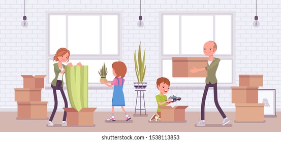 Family moving to a new flat. Happy parents and kids celebrate relocation, unpacking together essentials boxes in empty room, opening cardboards with belongings. Vector flat style cartoon illustration