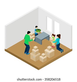  Family moving in with new furniture parents and children isometric vector illustration 
