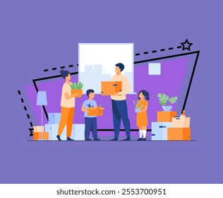 Family moving to new house. Happy cartoon man, woman, boy, girl carrying boxes in apartment. Vector illustration for new home, delivery service concept