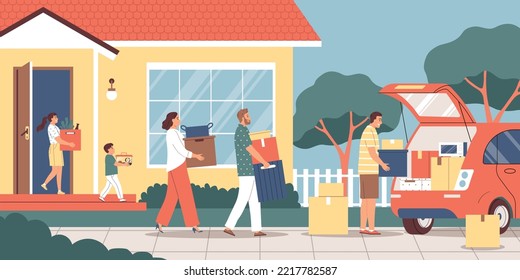 Family moving to new house loading boxes with belongings into car flat vector illustration