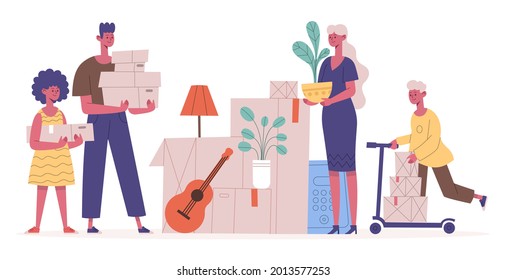 Family moving new house. Mother, father and kids moving out new apartment, carrying boxes with household items vector illustration. Relocation moving day. Cardboard cartons with belongings