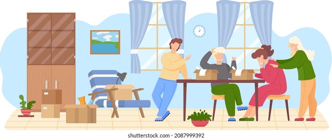 Family moving to new house, people moving to new house, carrying things to apartment, changing place of residence, relocation. Unpacking things after shipping, decorating home. Rental of premises