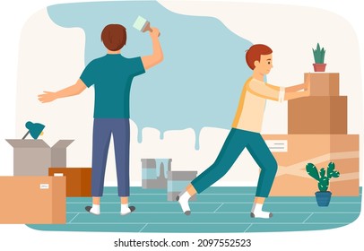 Family moving to new house, people moving to new house, carrying things to apartment, changing place of residence, relocation. Unpacking things after shipping, decorating home. Rental of premises