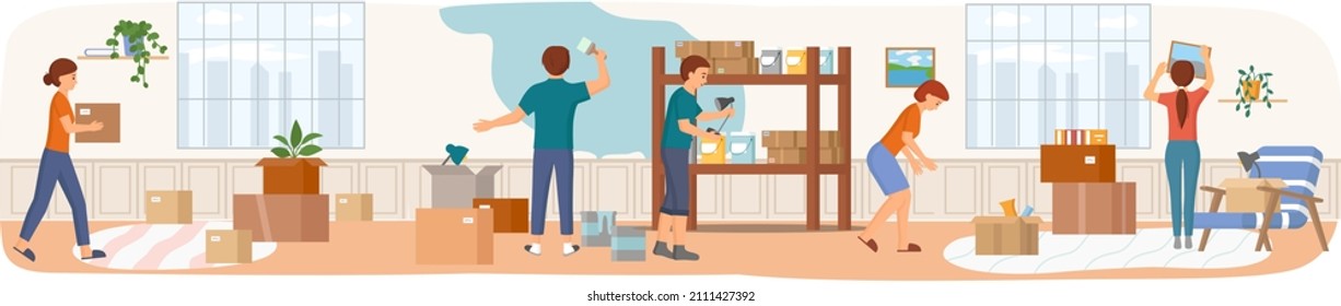 Family moving to new house, people moving to new house, carrying things to apartment, changing place of residence, relocation. Unpacking things after shipping, decorating home. Rental of premises