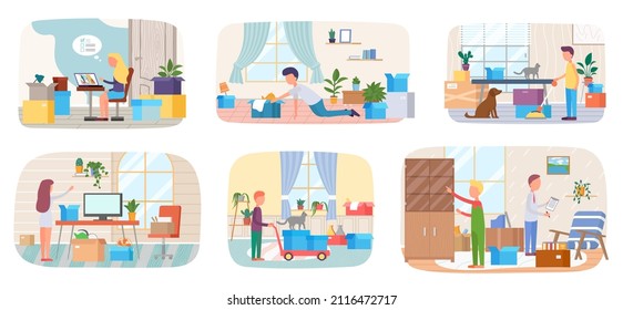 Family moving to new house, people moving to new house, carrying things to apartment, changing place of residence, relocation. Unpacking things after shipping, decorating home. Rental of premises