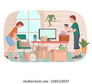 Family moving to new house, people moving to new house, carrying things to apartment, changing place of residence, relocation. Unpacking things after shipping, decorating home. Rental of premises