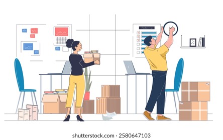 Family moving on. Man and woman cardboard boxes with things. Wife and husband moving on and relocate. Shipping and transportation, delivery. Linear vector illustration