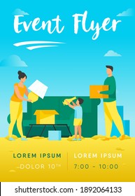 Family moving and packing things. Parents, kid, carton boxes flat vector illustration. New home, property buying, mortgage concept for banner, website design or landing web page