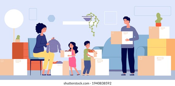 Family moving. People crowd house, relocation man woman and children. Cartoon group in new home, person with box and clothes utter vector concept