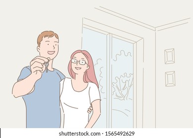 Family, moving, real estate, buying new house concept. Young happy couple, man and woman bought new apartment on credit or rent. Boyfriend, girlfriend or wife, husband delight wedding gift Flat vector