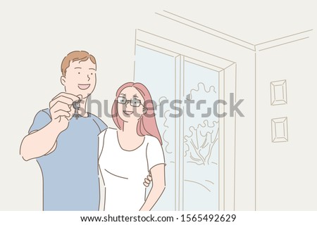 Family, moving, real estate, buying new house concept. Young happy couple, man and woman bought new apartment on credit or rent. Boyfriend, girlfriend or wife, husband delight wedding gift Flat vector