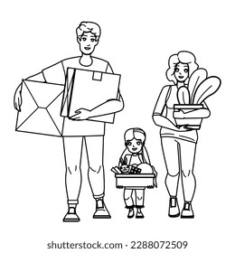 family moving vector. home happy, house new, father mother child, woman man, cardboard girl family moving character. people Illustration