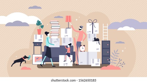 Family moving vector illustration. New home arrangement in flat tiny persons concept. Parents with kids together open boxes in home after relocation process. Active scene with belongings unpacking.