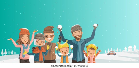 Family of multi generation. Parents,children,grandparents  playing,laughing frost of season.Winter panorama with fresh powder snow. Landscape with snow covered,blue sky with snowflakes are scattering.