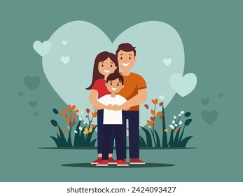 Family mum, dad and son hugging . Family love, nature, heart background. Valentines.