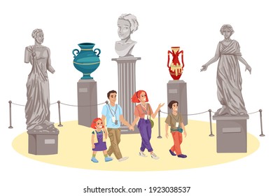 Family in the museum. Gallery with sculptures A family with children, tourists, going on a tour, with badges and headphones. Vector flat cartoon illustration, characters on white background