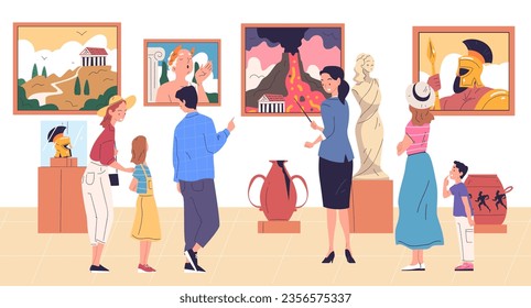 Family in museum. People tourists with children looking ancient monument, statue exhibit or painting art gallery exhibition, guide excursion tour group vector illustration of tourist character gallery