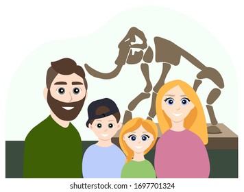 Family at the museum. Vector design.  The family is photographed against a mammoth. Flat characters.