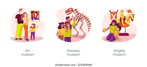 Family Museum Visit Isolated Cartoon Vector Illustration Set. Going To Art Gallery, Family In Front Of Painting, Visit Dinosaur Exhibition, Natural History, Knight History Museum Vector Cartoon.