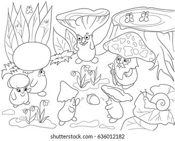 Family mushrooms in the forest coloring book for children cartoon vector illustration. Zentangle style. Black and white