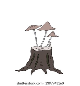 Family of mushrooms on the stump. Vector illustration.