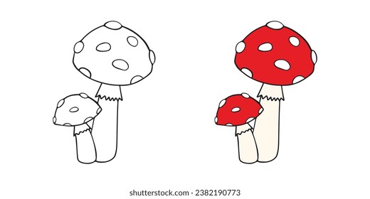 Family of mushrooms with red cap and white dots. Page for a children's coloring book. Amanita on white background. Vector illustration