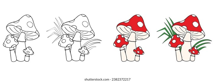 Family of mushrooms with red cap and white dots in the grass. Page for  children's coloring book. Amanita on white background. Vector illustration