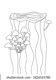 A family of mushrooms in the tree. Autumn coloring for children and adults, zen art. Black and white drawing. Outline vector illustration.
