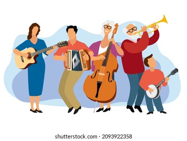 Family Musical Orchestra. Mom, Dad, Grandmother, Grandfather And Son Play Various Musical Instrument