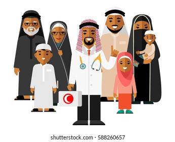 Family muslim arabic doctor concept with young practitioner and happy patients in flat style isolated on background. Islamic doctor standing together with father, mother, children and grandparents