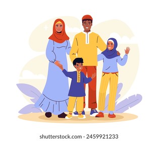 Family of muslim nationality. Generations, father and mother with boy and girl. People in traditional islamic clothes and hijabs. Cartoon flat vector illustration isolated on white background