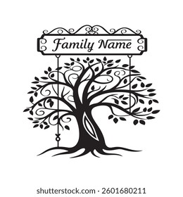 Family Name Sign with Tree silhouette vector art on white background