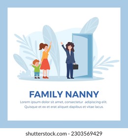 Family nanny banner or poster mockup with child stays at home with nanny and says goodbye to mother, flat cartoon vector illustration. Babysitting and nanny services.