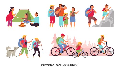 Family Nature Adventures. Happy Trekking, Cartoon Tourist Hiking. People In Camping, Active Fun Lifestyle. Outdoor Hike Walk Decent Vector Set