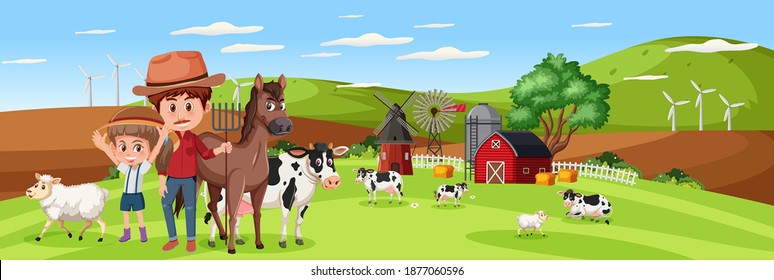 Family in nature farm with farm animal horizontal landscape scene at day time illustration