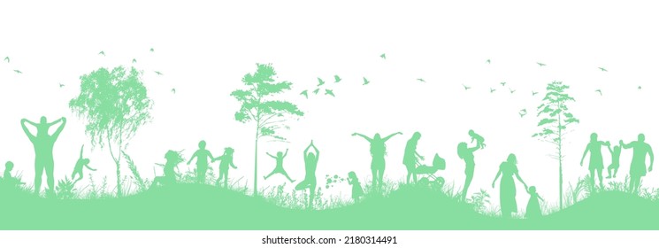 Family in nature. Green silhouettes of people. Vector illustration