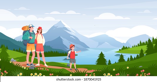 Family in nature hikes adventure vector illustration. Cartoon flat happy hikers people enjoy natural scenery with lake and mountains on horizon, mother father and child characters hiking background
