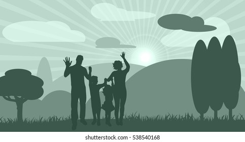 Family in nature with mountains, clouds and sunshine