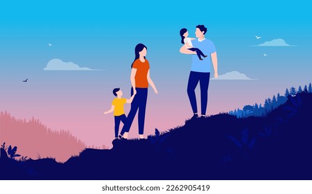 Family in nature - Parents with children outdoors spending time together in landscape holding their kids in hands. Flat design vector illustration with copy space