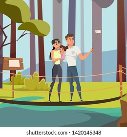 Family in nature reserve flat vector illustration. Young mother and father with little daughter cartoon characters. Happy parents with child taking selfie in park. Summer recreation in tropical forest