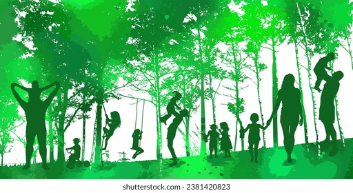 Family in nature, Silhouettes of people in the green park. hand drawing. Not AI, Illustrat3. Vector illustration