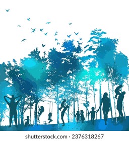 Family in nature, Silhouettes of people in the park. hand drawing. Not AI, Illustrat3. Vector illustration